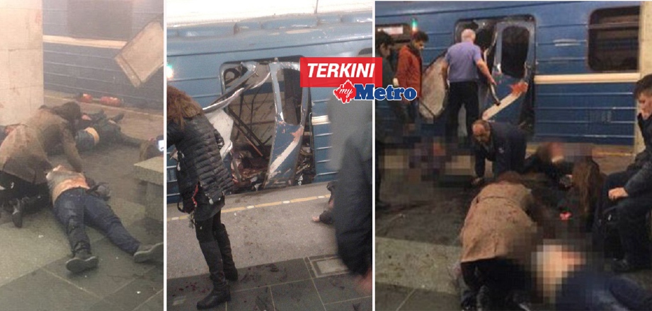 Keadaan kereta api dan mangsa dalam letupan bom di St Petersburg, Russia, hari ini.
