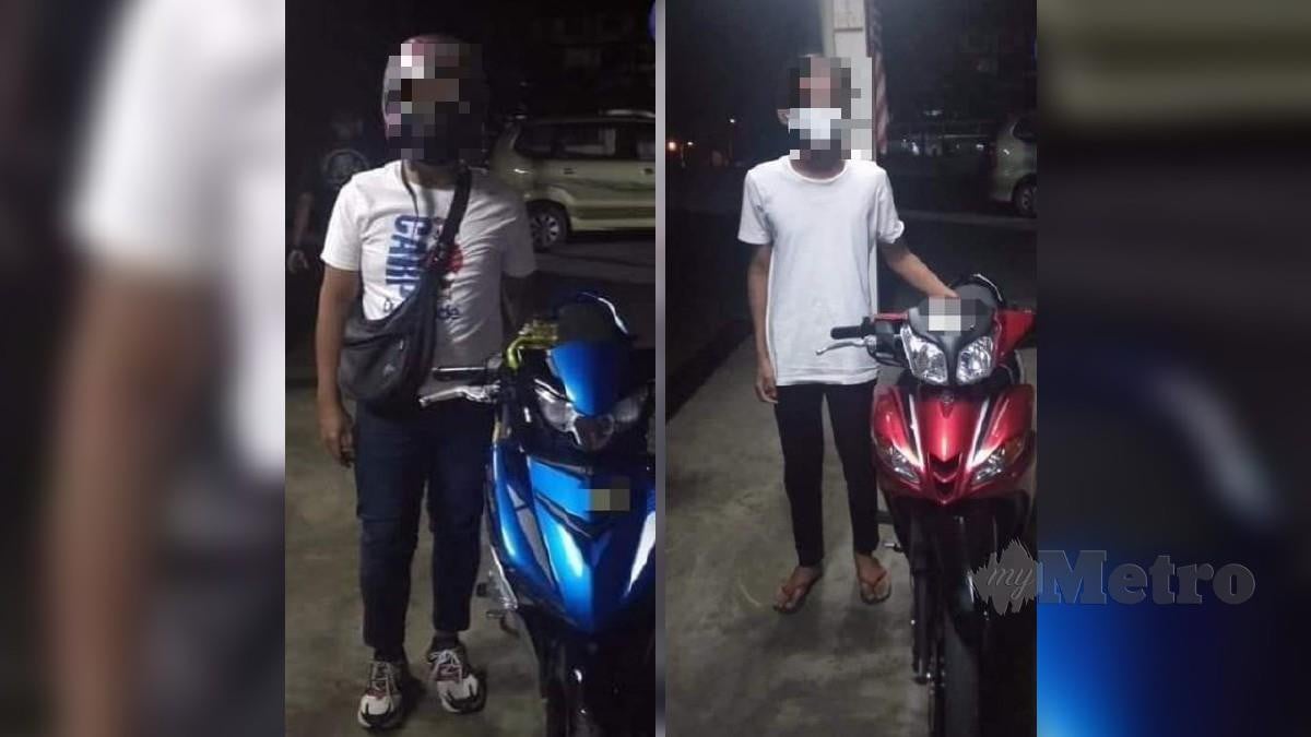 Dua lelaki termasuk remaja yang ditahan polis dalam Op Samseng Jalanan di Jalan FAC Matang di Padawan, malam tadi. Foto Melvin Joni