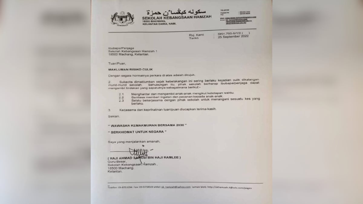 NOTIS peringatan dikeluarkan oleh Sekolah Kebangsaan (SK) di Machang yang tular di media sosial.