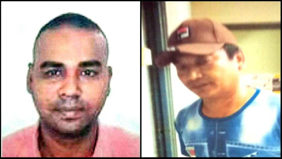 Dua suspek, Vijaya Kumar (kiri) dan Aung Soe Lwin, 41, dikehendaki polis kerana terbabit kes pembunuhan. FOTO Ihsan Polis