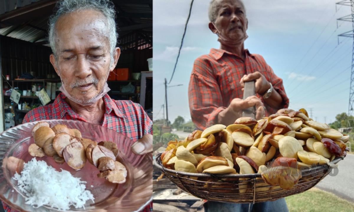 Jering rebus di makan bersama kelapa parut (kiri). Ali menunjukkan jering yang belum direbus. FOTO NAZDY HARUN