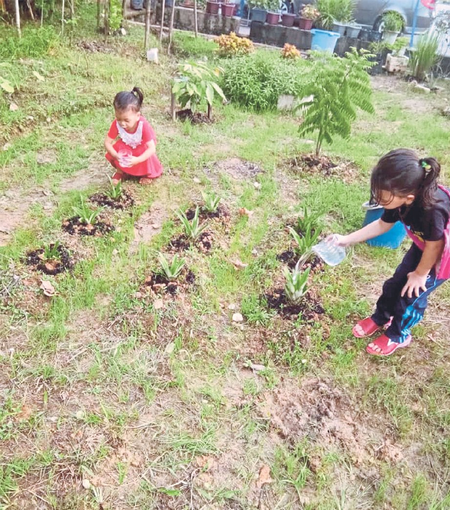 ANAK-anak turut serta melakukan aktiviti di kebun.