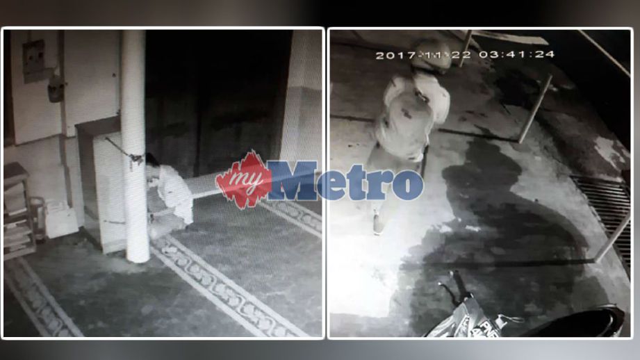 Perbuatan lelaki mengumpil tabung masjid dirakam CCTV sebelum dia ditangkap petang semalam. FOTO ihsan polis