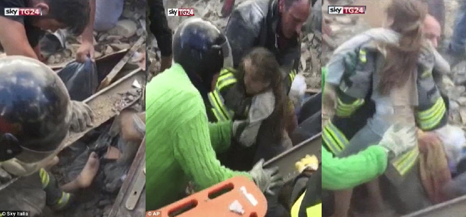 Budak perempuan berusia 10 tahun yang berjaya diselamatkan dari bawah runtuhan di di bandar Pescara del Tronto, hari ini. 