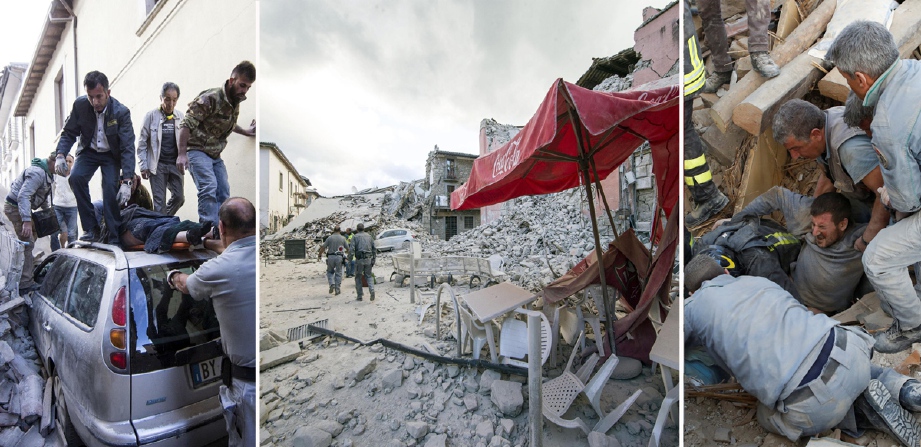 Keadaan bandar Amatrice yang musnah dan usaha menyelamat mangsa yang terperangkap. - Foto AP, EPA, REUTERS