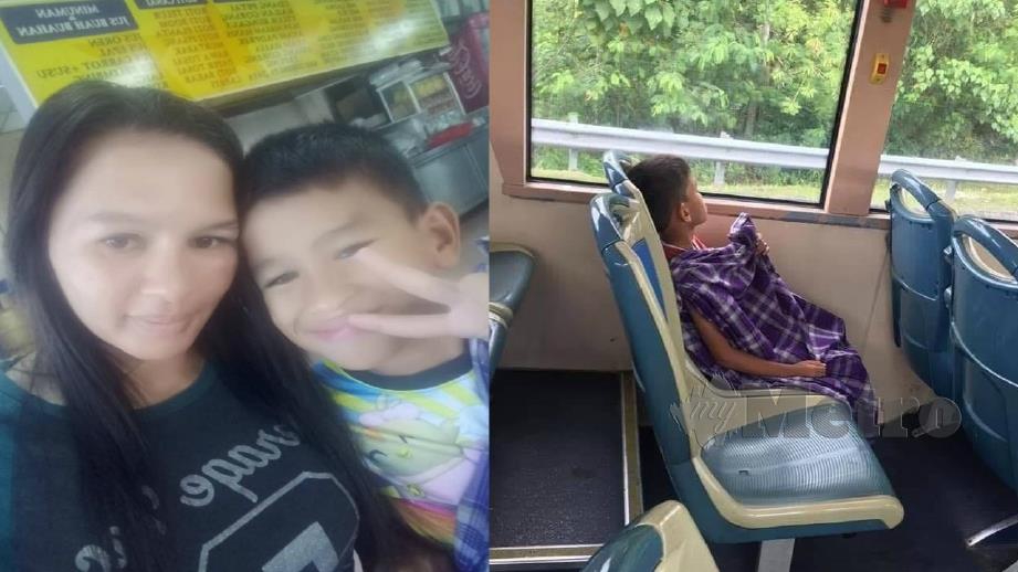 Siti Fatimah bersama Nasmir dan (gambar kanan) rakaman yang tular di FB ketika menaiki bas dengan berkain pelekat kerana baru berkhatan. Foto ihsan Pembaca