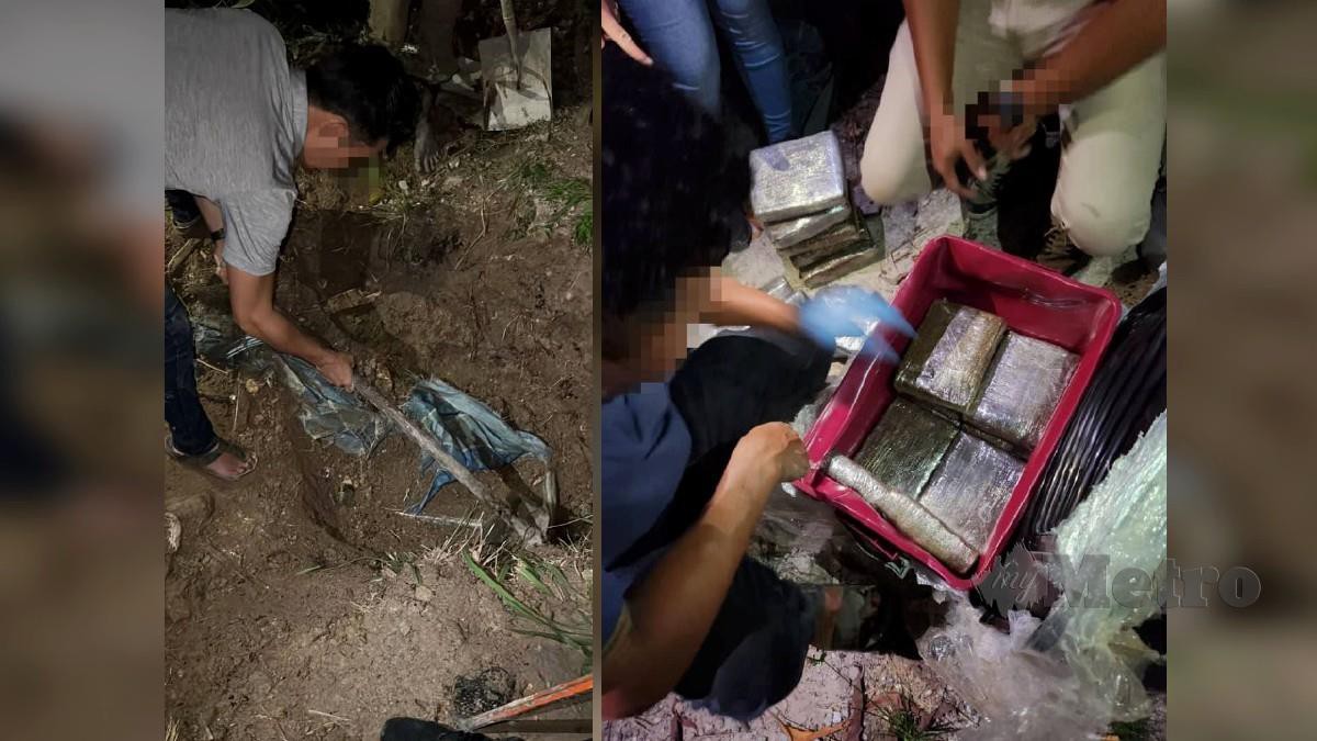 DADAH yang ditanam sedalam satu meter di tanah terbiar di Subang Jaya ditemui hasil penahanan lelaki warga Indonesia, Isnin lalu. FOTO ihsan polis