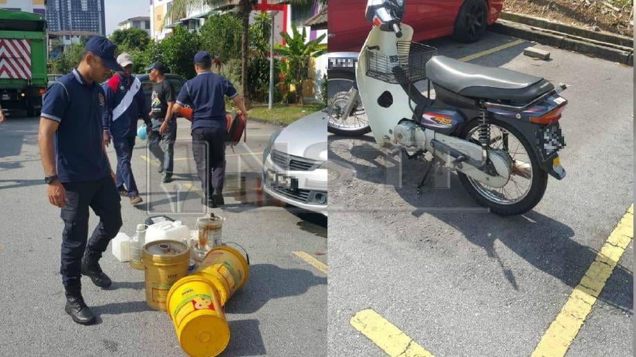 PELBAGAI barang digunakan penduduk untuk menanda dan memonopoli parkir awam di sekitar Seksyen 1, Kuala Lumpur, termasuk motosikal (gambar kanan) dan perbuatan itu diambil tindakan oleh DBKL dalam operasi petang semalam. FOTO ihsan DBKL.