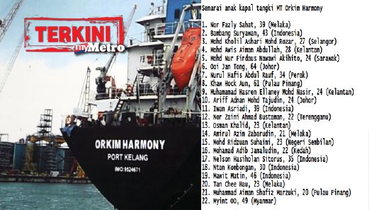 Kapal MT Orkim Harmony yang hilang dikesan di perairan Kemboja. FOTO Rosdan Wahid