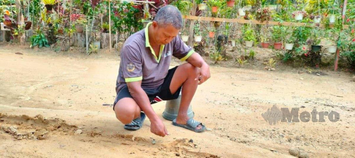 Amin Kassim menunjukkan kesan tapak kaki dipercayai harimau kumbang yang ditemui di halaman rumahnya. FOTO ABNOR HAMIZAM ABD MANAP