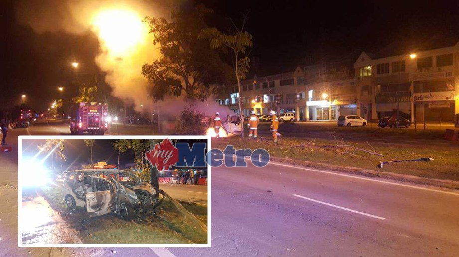 Perodua Alza terbabas melanggar pokok dan terbakar, namun pemandunya selamat selepas dikeluarkan orang ramai.