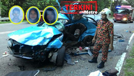 (Dari kiri) Mohamad Isa, Nurul Azwa dan Nur Fazira maut dalam kemalangan di  Jalan Bukit Putus, Jalan Tampin-Gemas, berhampiran Tebong, Alor Gajah, 4.13 petang tadi. FOTO ihsan pembaca
