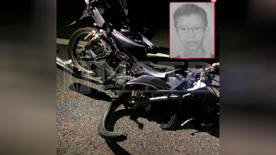 KEADAAN motosikal Yamaha Lagenda dinaiki mangsa (gambar kecil) yang terbabit dalam kemalangan di Kilometer 15 Jalan Sua Betong- Pasir Panjang, Port Dickson, semalam. FOTO Mohd Khidir Zakaria 
