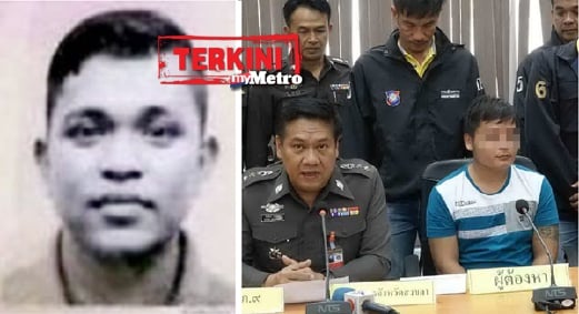 Polis Hatyai mengadakan sidang media mengumumkan penangkapan suspek (berbaju belang) yang dipercayai menembak mati rakyat Malaysia Mohd Nizam Ahmad Basrah (Gambar kiri) pada 16 Mei lalu. - Foto Bernama