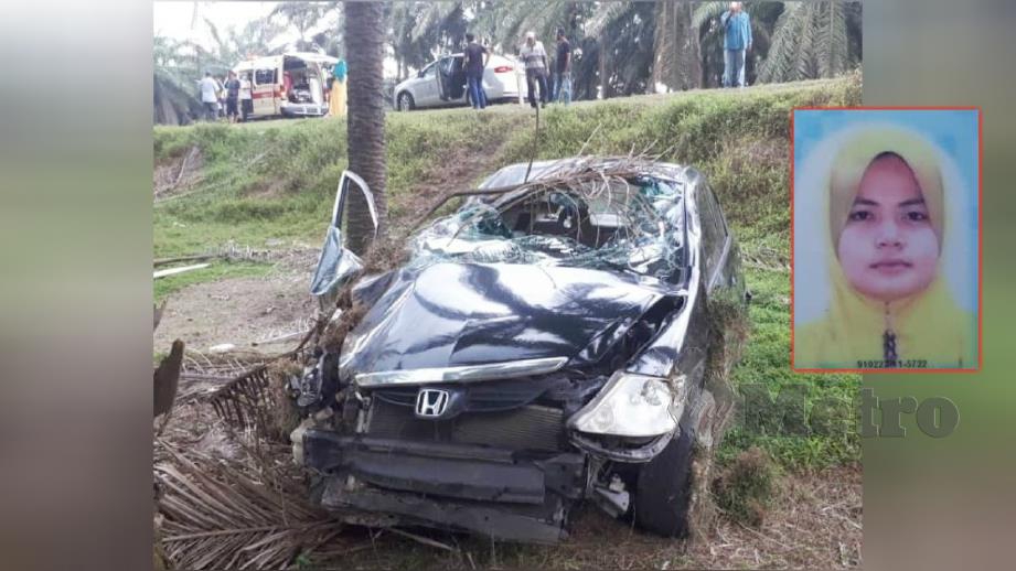 UMMI Baizura (gambar kecil) maut selepas kereta Honda City dinaikinya terbabit dalam kemalangan di Kilometer 122, Jalan Jerangau-Jabur,  dekat Padang Kubu, Chukai, hari ini. FOTO Rosli Ilham. 