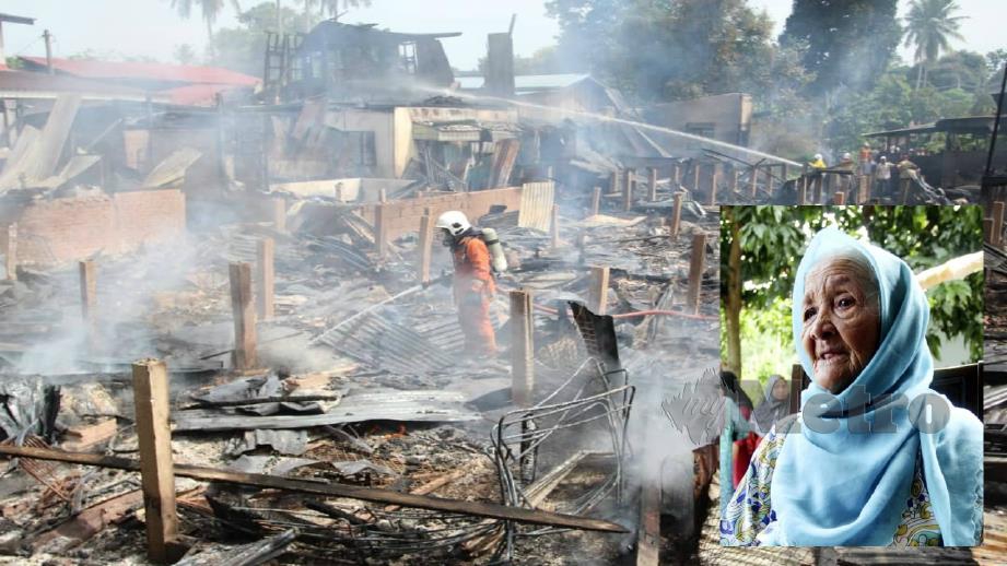 BOMBA memadamkan kebakaran membabitkan tujuh rumah. (Gambar kecil) Wan Minah masih terkejut selepas rumah didiaminya terbakar. FOTO NIK ABDULLAH NIK OMAR
