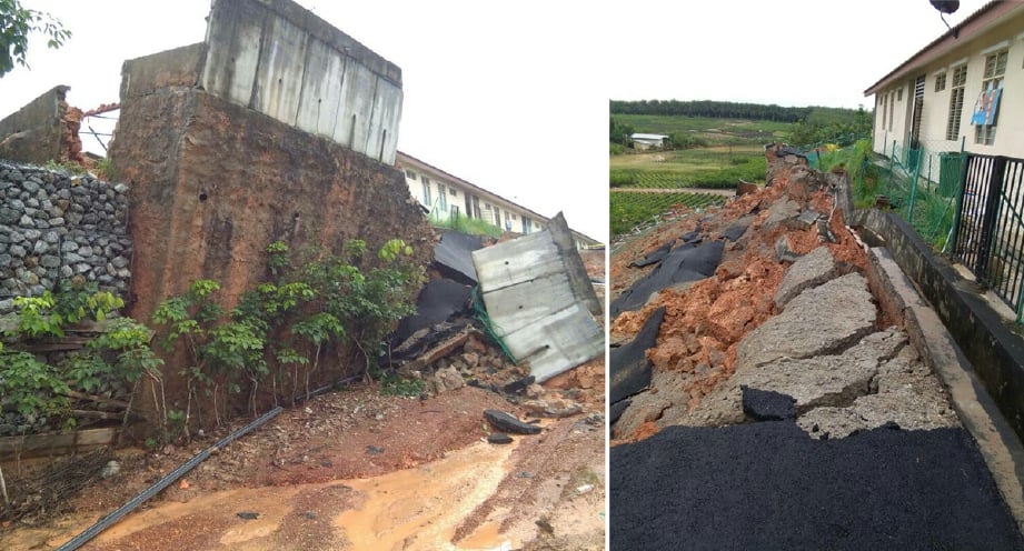 Keadaan tebing runtuh berhampiran lapan rumah di Taman Permai Utama, Fasa 1, Jalan Jeniang, Gurun. - Foto Ihsan Bomba