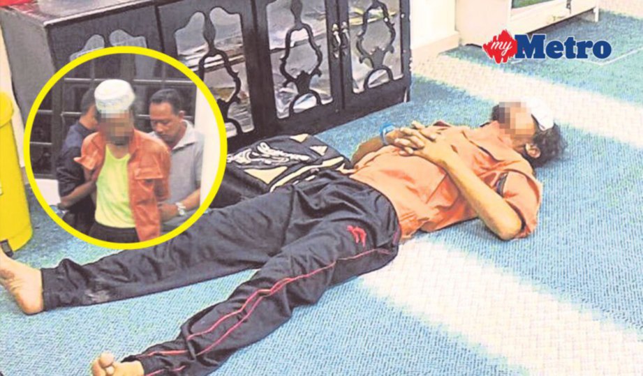 HELAH suspek berpura-pura tidur di dalam masjid. Gambar kecil, suspek ditahan polis dipercayai cuba mencuri duit tabung.