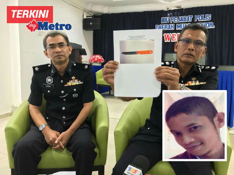 Zaharudin (kanan) menunjukan gambar pisau yang dirampas. (gambar kecil) Mohd Firdaus yang maut ditikam isterinya.