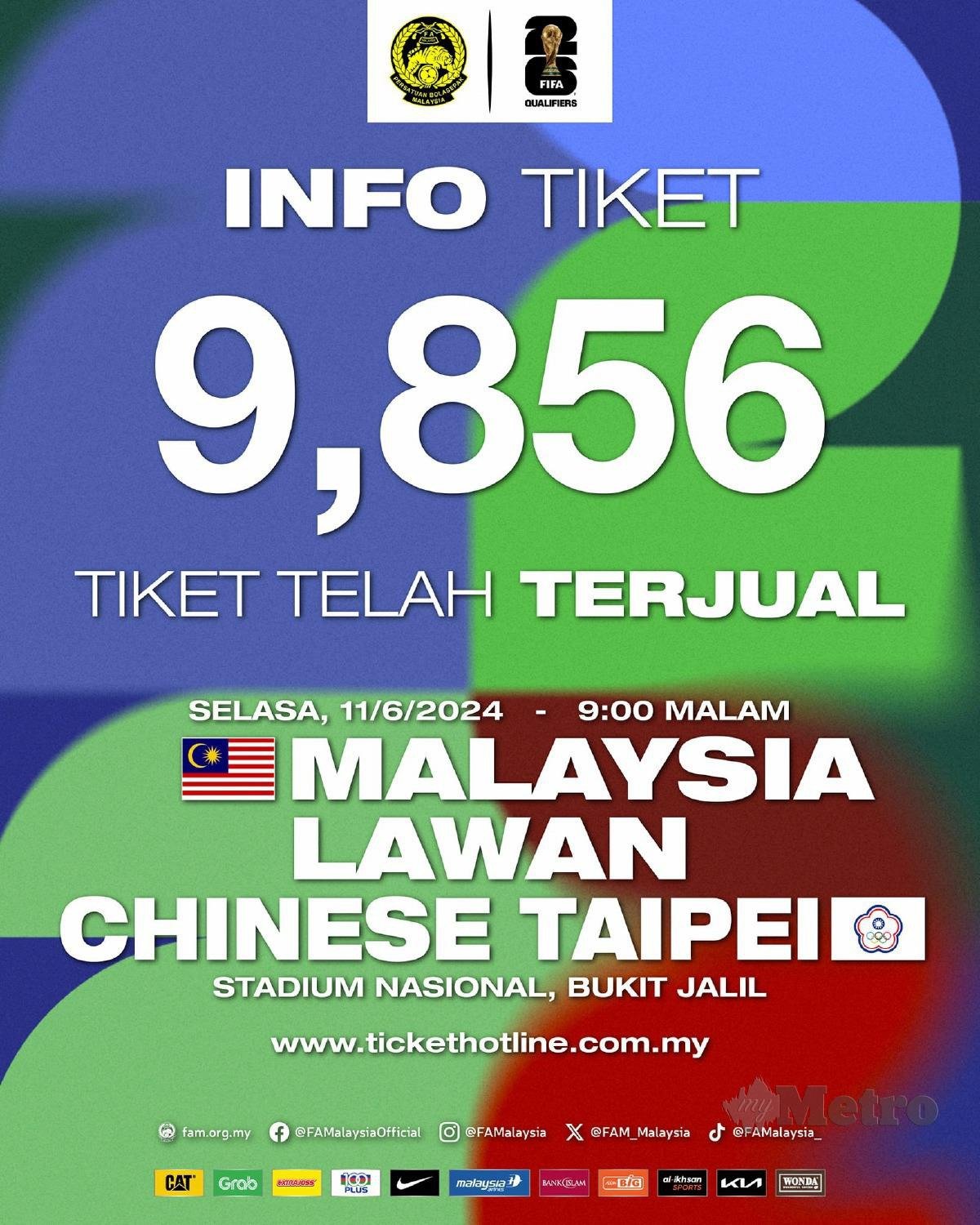 SEJUMLAH 9,856 tiket dijual untuk perlawanan antara Malaysia dan Taiwan, setakat jam 12 tengah hari tadi. FOTO FB FAM