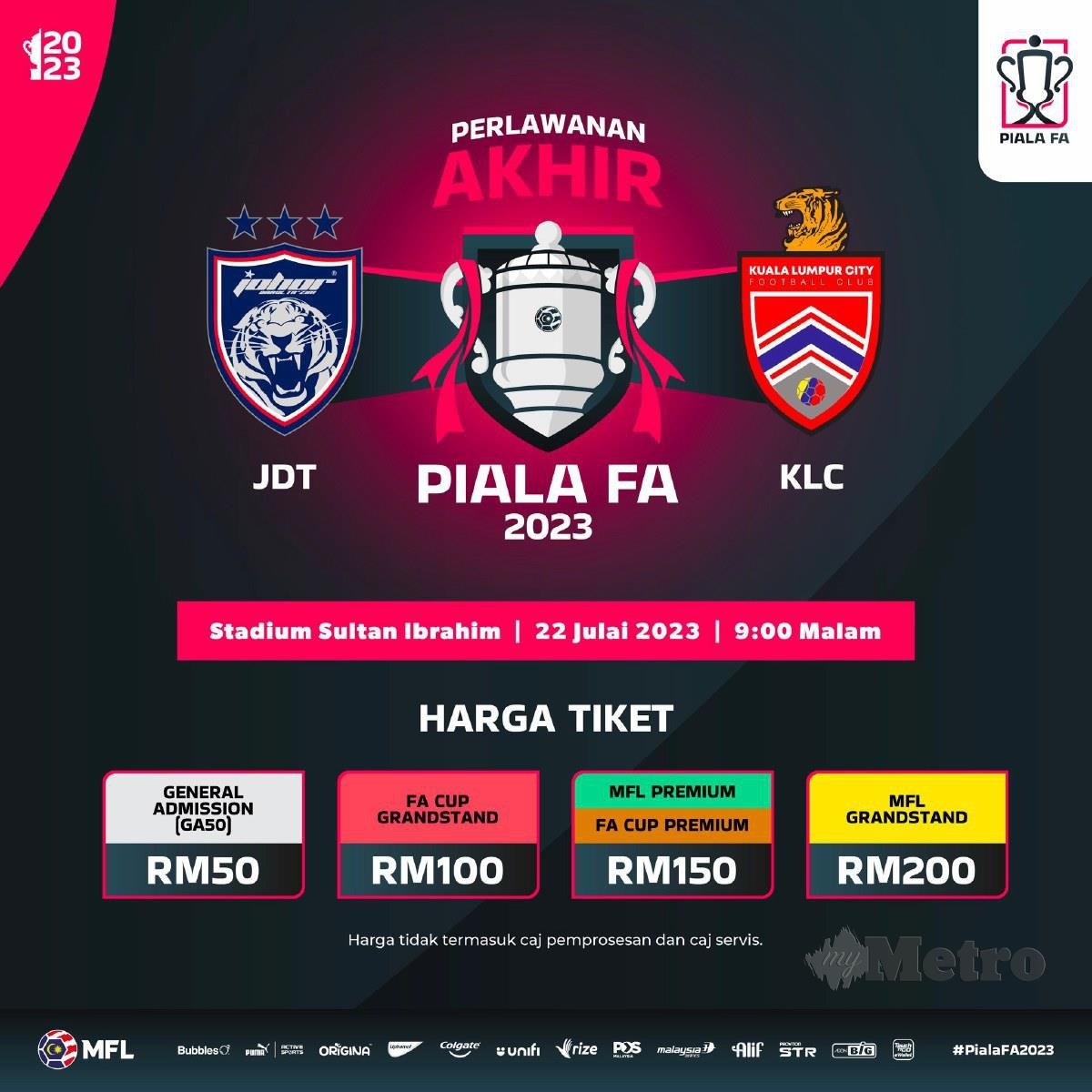 HARGA tiket final Piala FA antara JDT dan KL City di Stadium Sultan Ismail (SSI), 22 Julai ini, dibahagikan kepada lima kategori. FOTO FB MFL