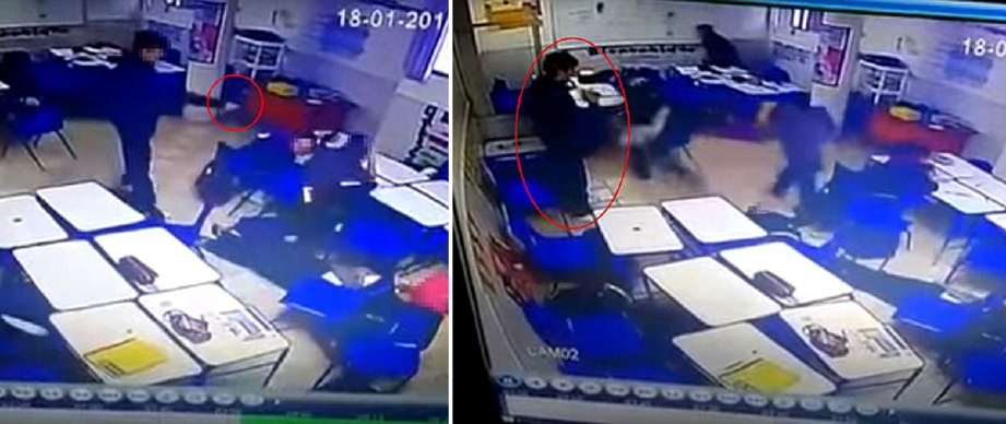 Petikan rakaman CCTV menunjukkan pelajar menembak rakan sekelasnya dan gambar kanan, mengacu pistol ke kepalanya sebelum menembak dirinya. - Foto Daily Mail