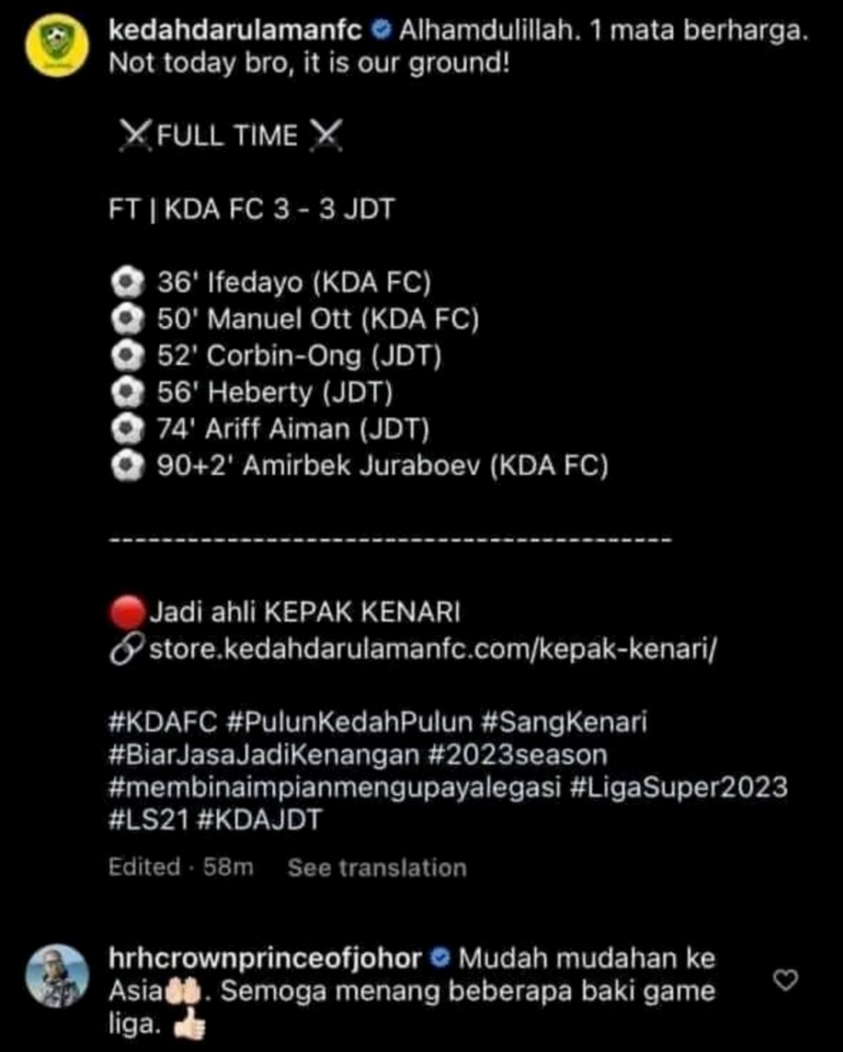 TANGKAP layar komen TMJ kepada KDA FC. -FOTO Instagram