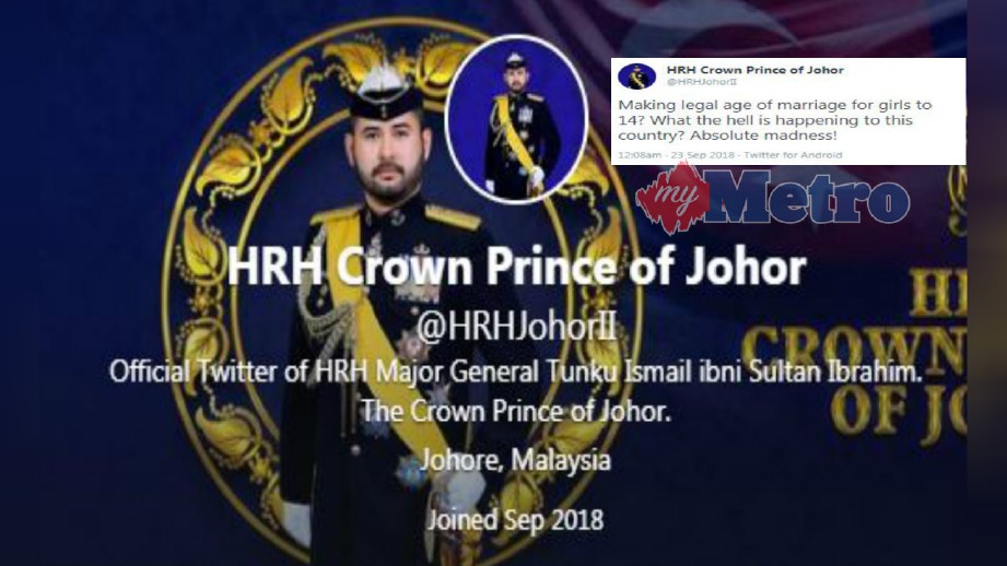 PETIKAN status dalam laman sosial Tunku Ismail Ibrahim berhubung cadangan had umur minuman perkahwinan perempuan kepada 14 tahun. FOTO Ihsan Twitter Tunku Mahkota Johor