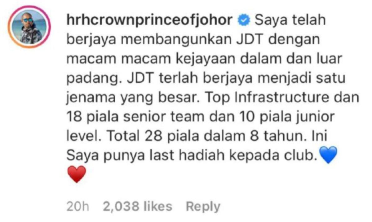 Komen TMJ di laman Instagram JDT yang mencetuskan persoalan.