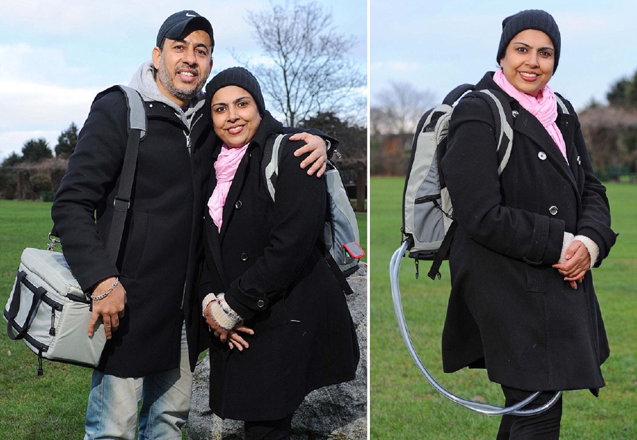 Selwa Hussain, 39, bersama suaminya. Wanita Britain itu kini perlu menggalas ‘jantungnya’ ke mana saja. - Foto Daily Mail