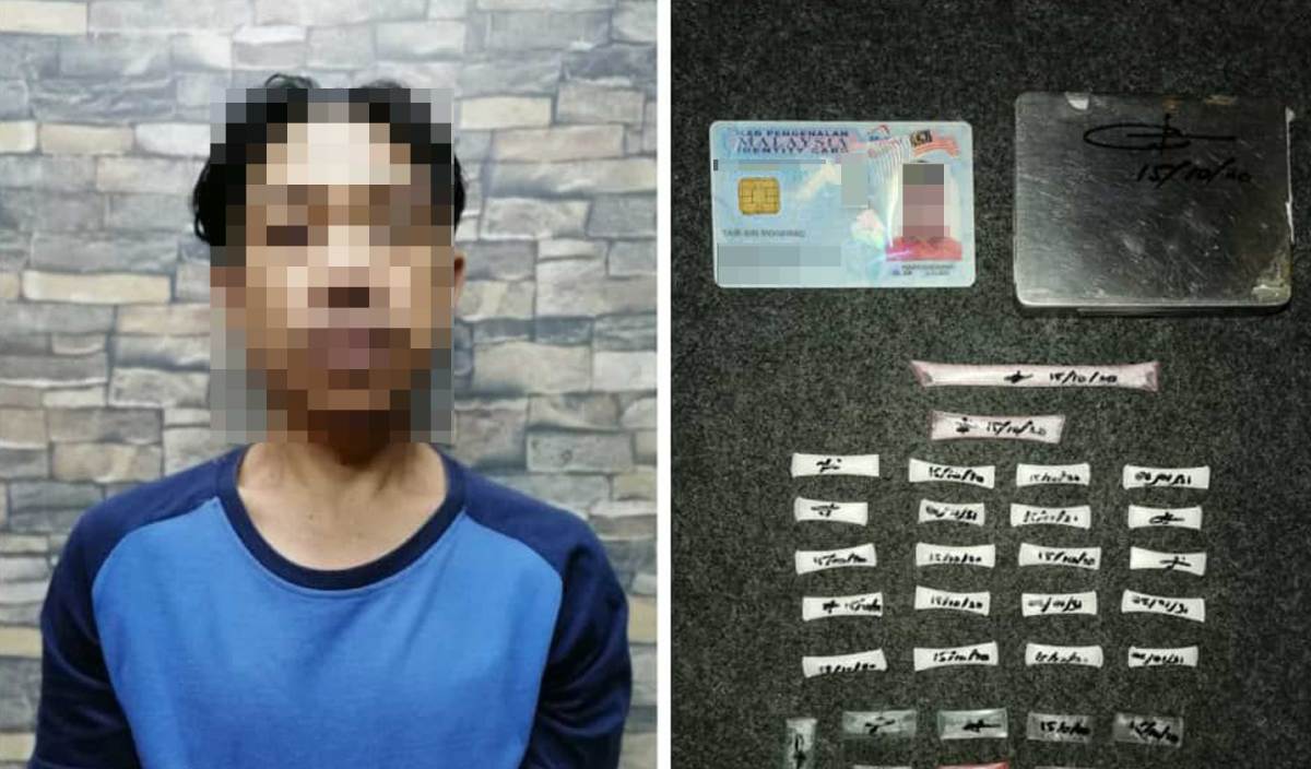 SUSPEK berusia 36 tahun yang ditahan dan sebahagian dadah yang dirampas dalam sebuan polis di Kampung Bukit Malut. FOTO Ihsan PDRM