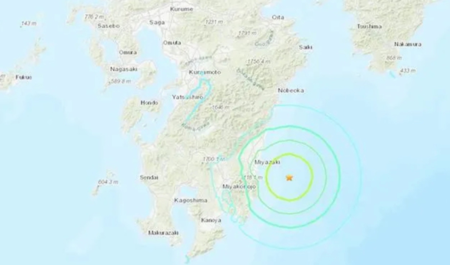 GEGARAN berlaku kira-kira 8.48 pagi dengan pusat gempa dikesan di pesisir pantai Miyazaki. FOTO Agensi