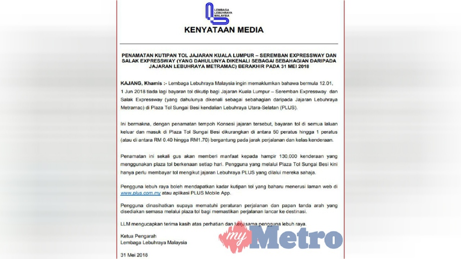 SIARAN media Lembaga Lebuhraya Malaysia, hari ini.