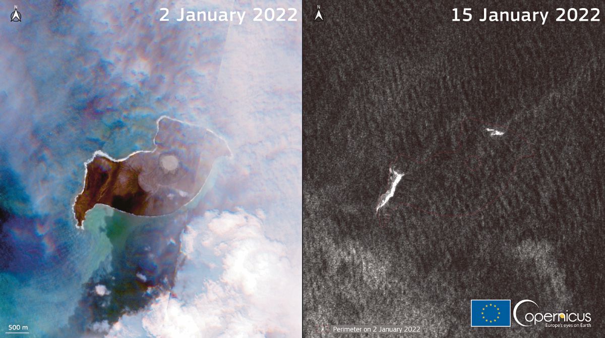 IMEJ satelit menunjukkan perbezaan sebelum dan selepas letusan gunung berapi berkenaan. FOTO EPA 