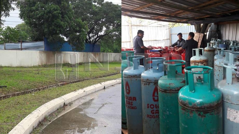 POKOK yang menjadi lokasi tonto meninjau kehadiran pihak berkuasa. (Gambar kanan) TONG LPG subsidi yang dirampas dari stor di Puchong, semalam. FOTO ihsan KPDNHEP.