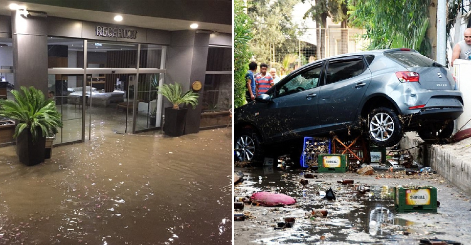 Banjir melanda sebuah hotel dan antara kenderaan yang terjejas selepas tsunami melanda Bodrum, Turki. - Foto Daily Mail