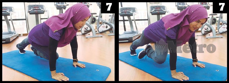 7) DALAM kedudukan plank, bawa kaki kanan ke siku kiri dan kaki kiri ke siku kanan. Ulang langkah sama seperti anda mengayuh basikal. Kira silang sampai 10.