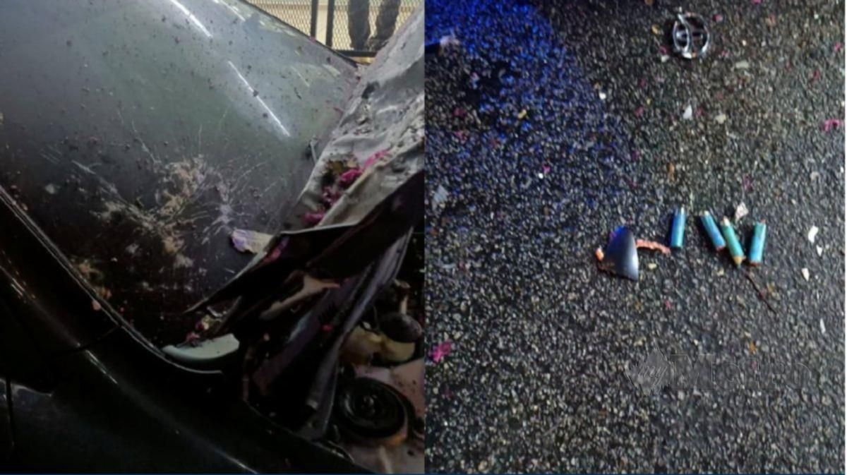 KESAN kemek pada kereta. FOTO kiri menunjukkan sisa dipercayai hasil letupan berkenaan. FOTO ihsan PDRM