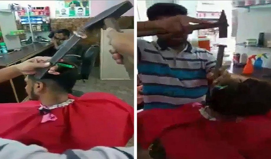 AHMED menggunakan tukul dan pahat untuk menggunting rambut seorang pelanggannya. FOTO Agensi
