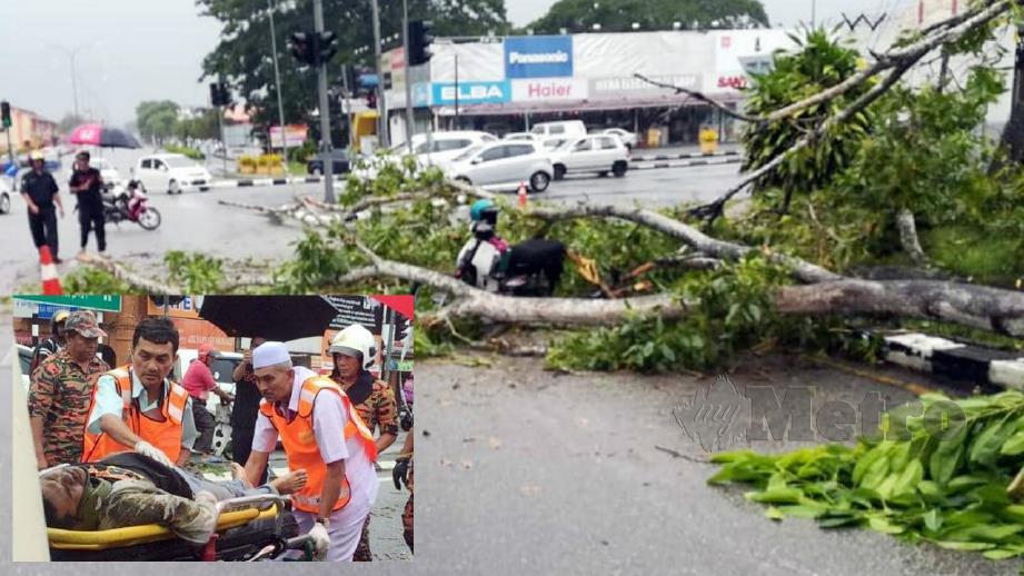 KEADAAN pokok tumbang dan menghempap penunggang motosikal di Pekan Jitra. (Gambar kecil) Mangsa dihantar ke hospital untuk rawatan. FOTO IHSAN JBPM