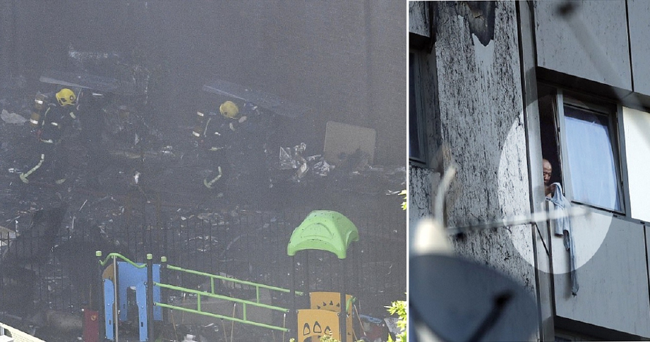 Mangsa yang terperangkap di tingkat 11 dan gambar kiri, anggota bomba meredah serpihan yang jatuh. - Foto Agensi