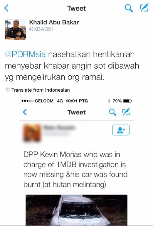 Petikan Twitter rasmi Ketua Polis Negara nasihatkan orang ramai hentikan khabar angin penemuan kereta terbakar di Perak, ada kaitan dengan kehilangan Kevin Anthony Morais.