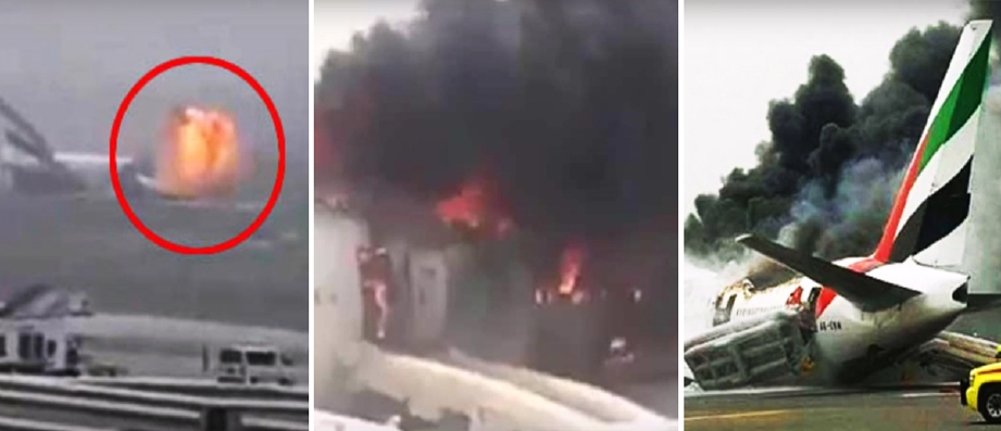 Letupan berlaku sebelum pesawat Boeing 777-300 milik Emirates terbakar di Dubai, petang tadi. - Foto Agensi
