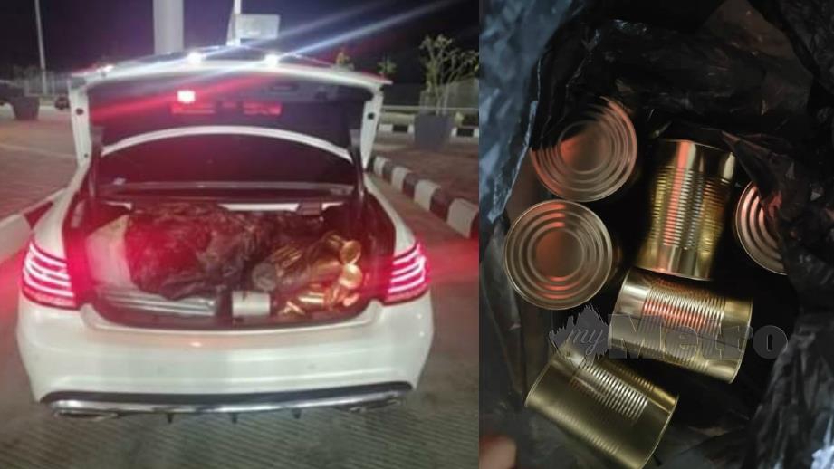 Tin makanan udang yang ditemui dalam but kereta ketika pemeriksaan di ICQS, Bukit Kayu Hitam malam tadi. Foto Ihsan MAQIS