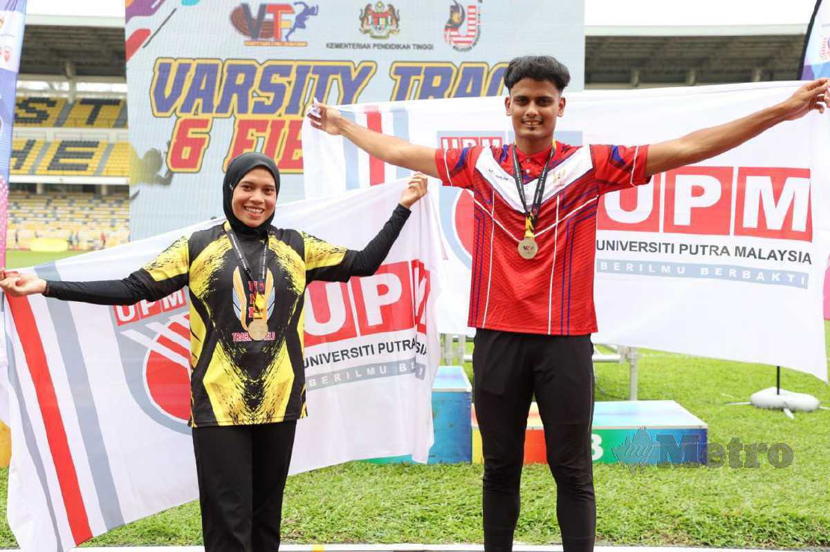 AZREEN Nabila (kiri) dan Muhammad Arsyad berjaya merangkul pingat emas bagi acara pecut 100 meter dalam kejohanan Varsity Track & Field 2024 (VTF 1) di Stadium Perak, di sini, hari ini. FOTO MUHAMAD LOKMAN KHAIRI