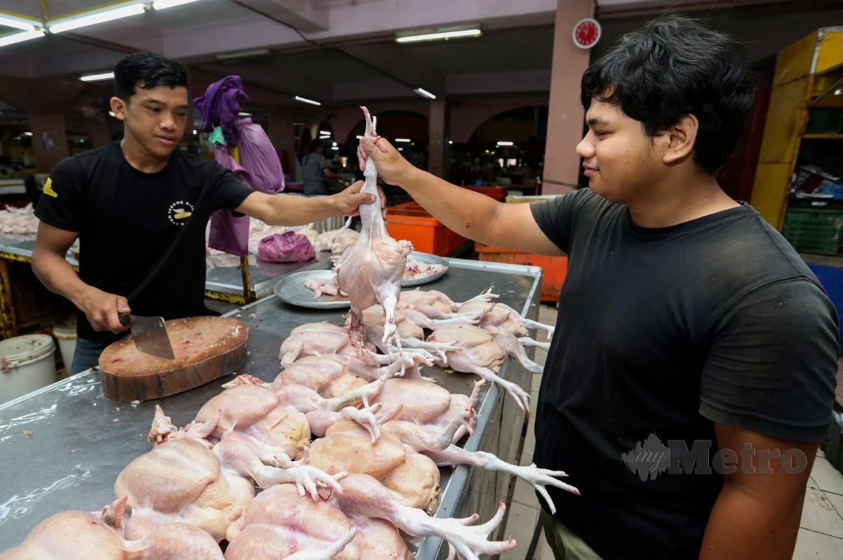 Mohd Anwari melayan pelanggannya yang membeli ayamnya ketika tinjauan di Pasar Besar Siti Khadijah. FOTO NIK ABDULLAH NIK OMAR