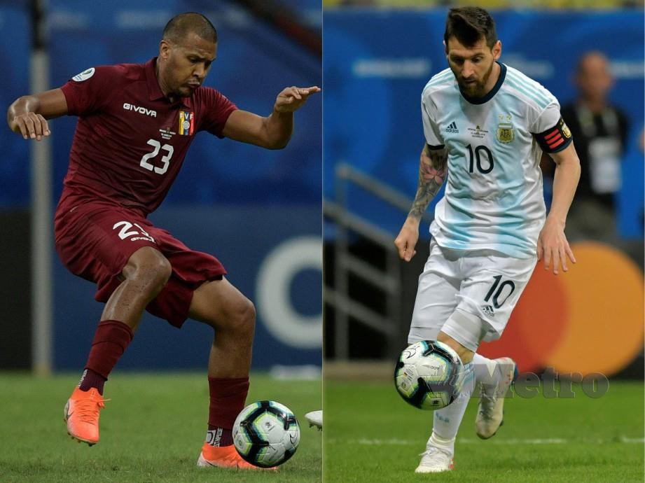 DUA watak penting aksi suku akhir Copa America antara Venezuela dan Argentina pagi esok. Pemain Venezuela, Salomon Rondon (kiri) dan Lionel Messi dari Argentina. — FOTO AFP