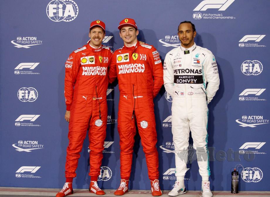 LECLERC (tengah) diapit Vettel (kiri) dan Hamilton selepas sesi kelayakan di Sakhir. — FOTO EPA
