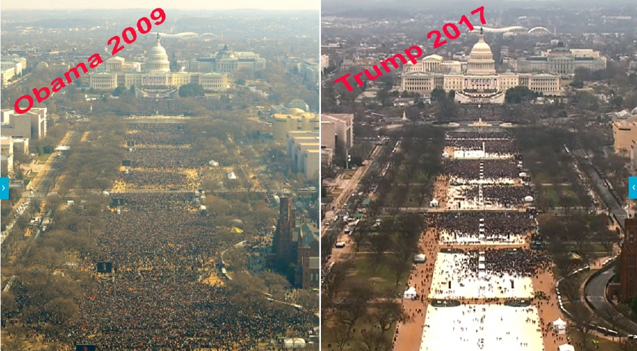 Keadaan National Mall di depan Capitol yang lengang (kanan) ketika Trump mengangkat sumpah berbanding ketika Obama pada 2009 (kiri).