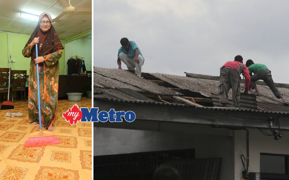 Wan Siah Muda, 58, rumahnya di  Perumahan Awam Kos Rendah Batu Hampar yang basah selepas bumbung diterbangkan ribut. Gambar kanan, penduduk perumahan itu membaiki bumbung rumah mereka. - Foto ROZAINAH ZAKARIA
